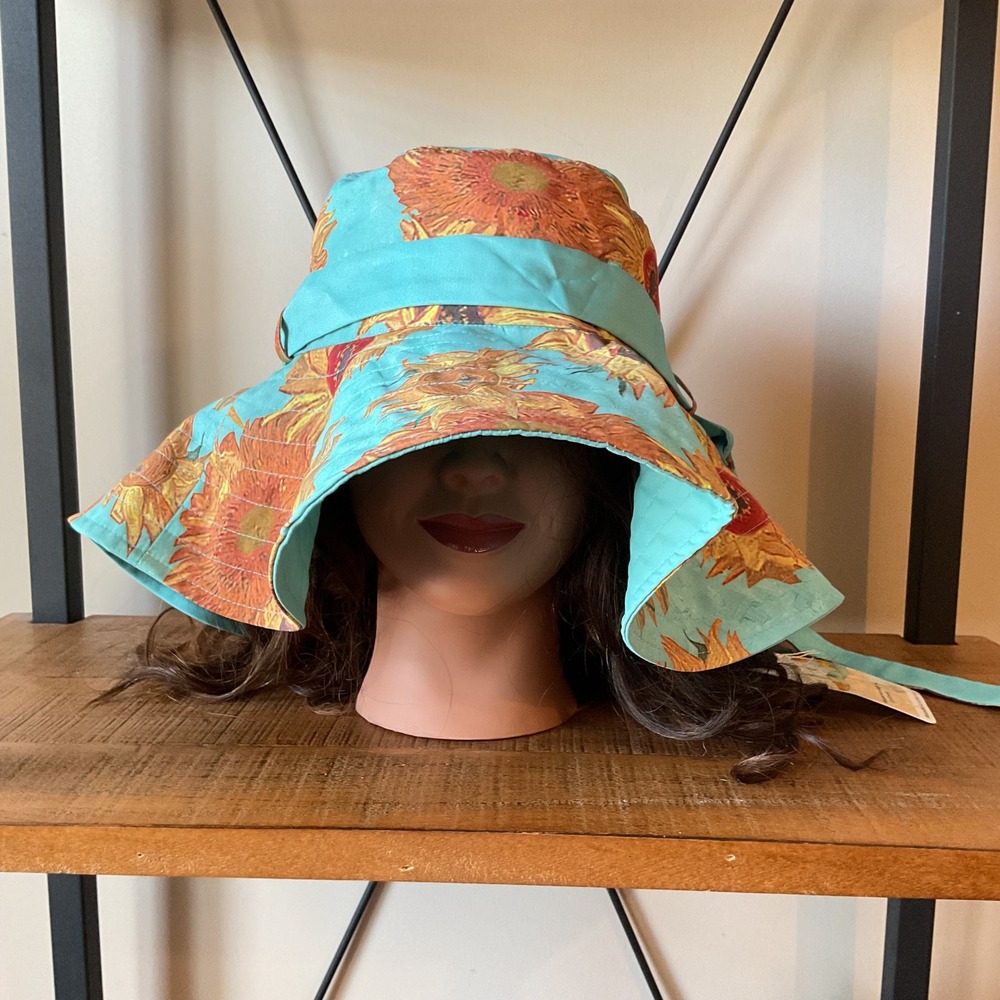 RainCaper Reversible Sun Rain Hat Van Gogh Sunflowers Turquoise UPF50 Garden NWT